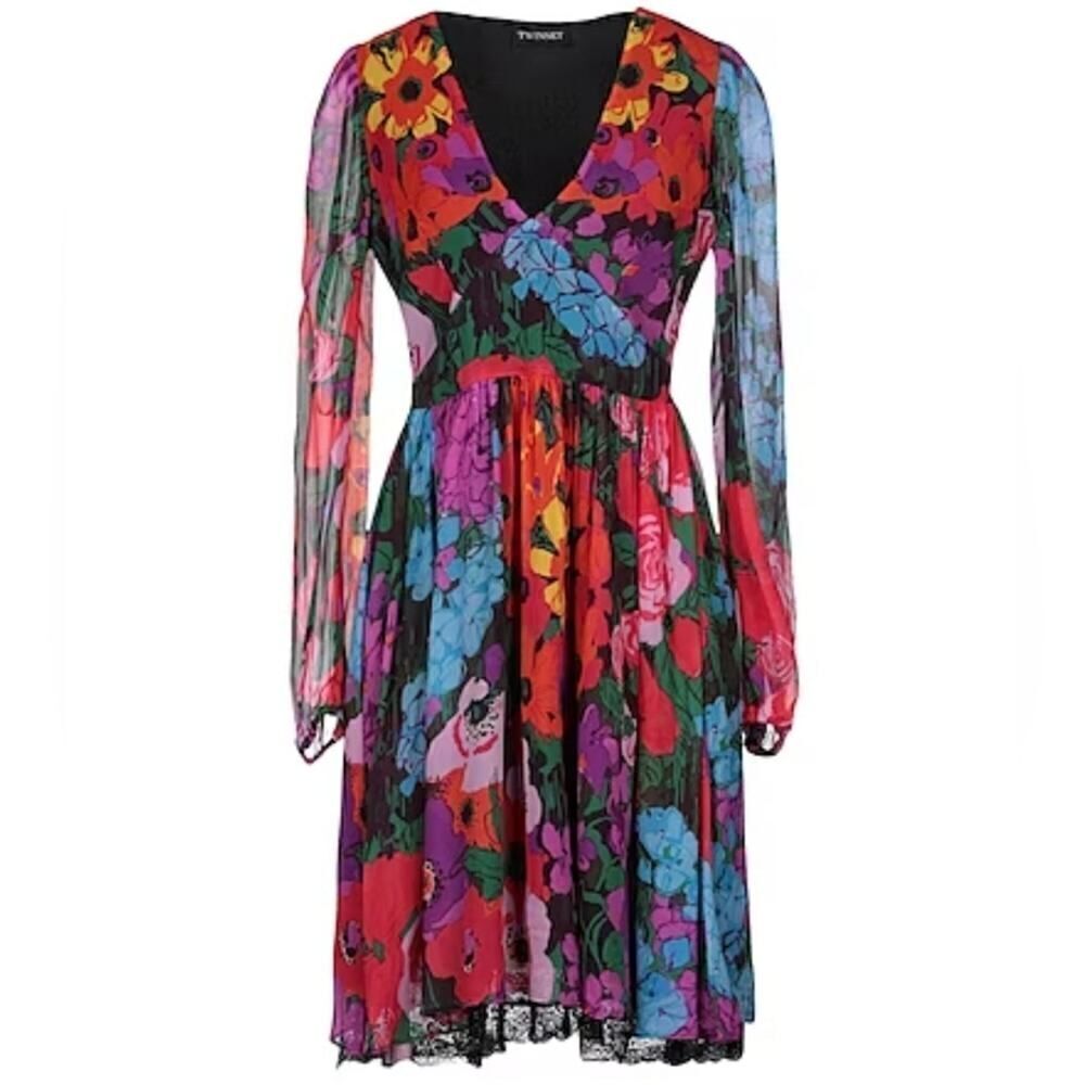 Twinset Georgette Dress Floral Patchwork Multi-Print Boho Lace Hemline | 12